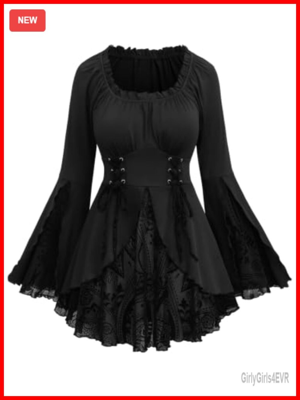 Plus Size Flocking Floral Lace-Up Bell Sleeve Blouse